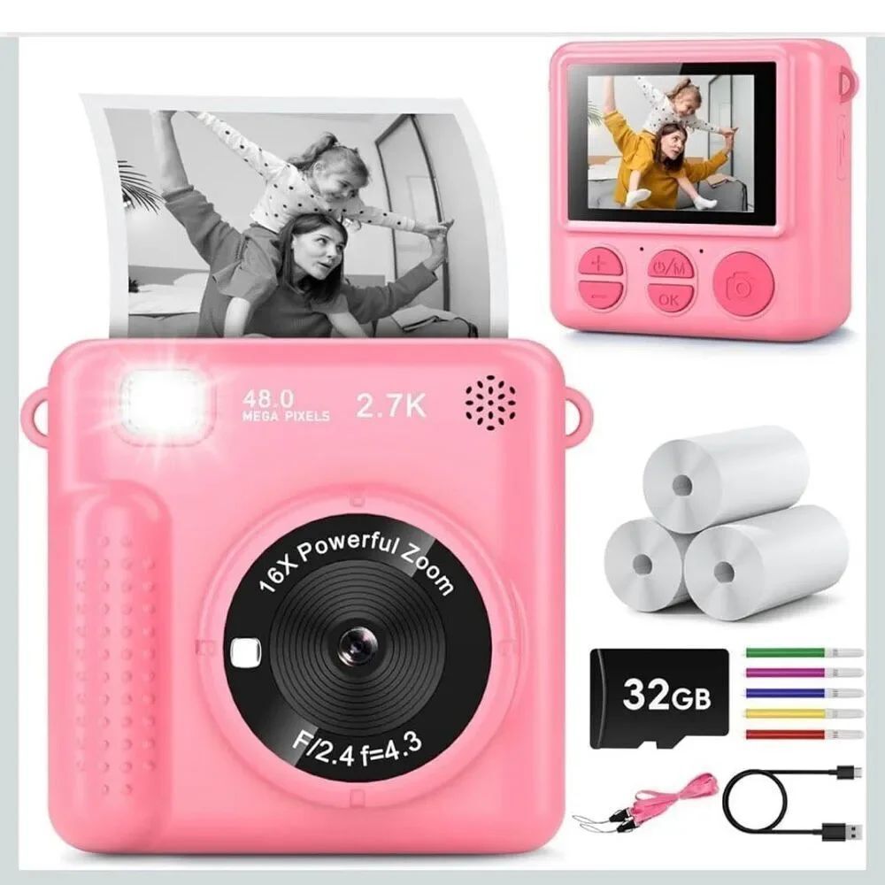 Kids Pink Camera Instant Print, Christmas Birthday Gifts for Girls Boys Age 3-12